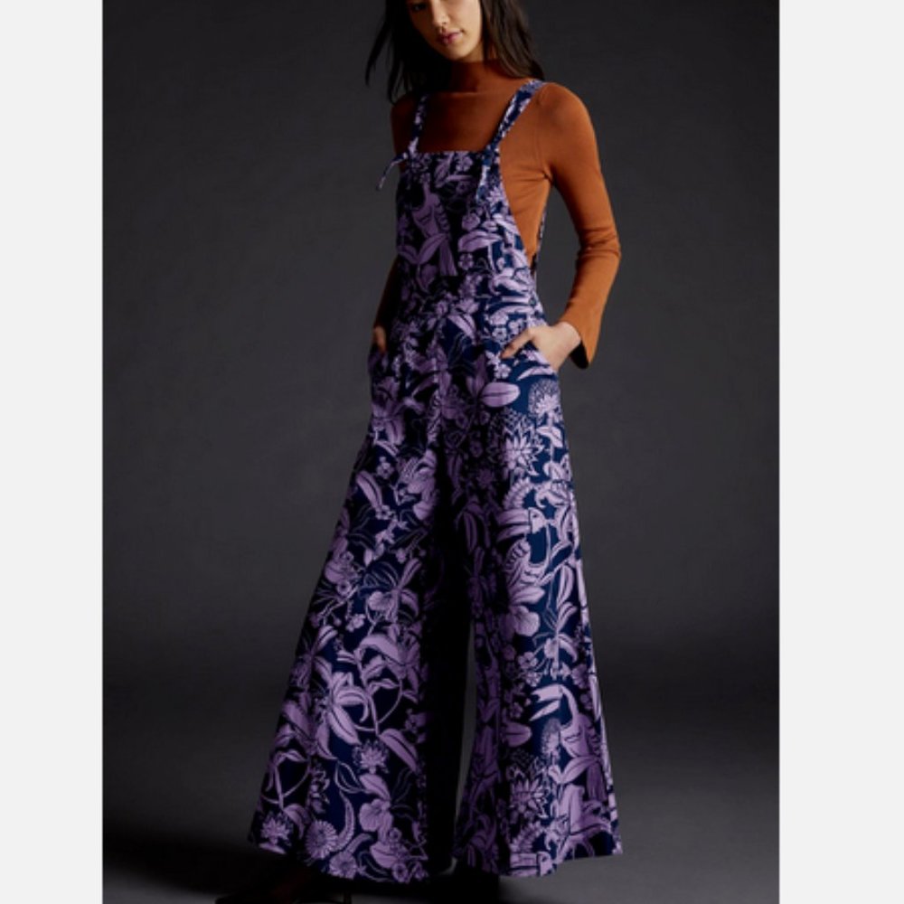 Farm Rio Anthropologie M NWT Wide Leg Overalls Jumpsuit Toucans Medium Blue - Picture 1 of 8